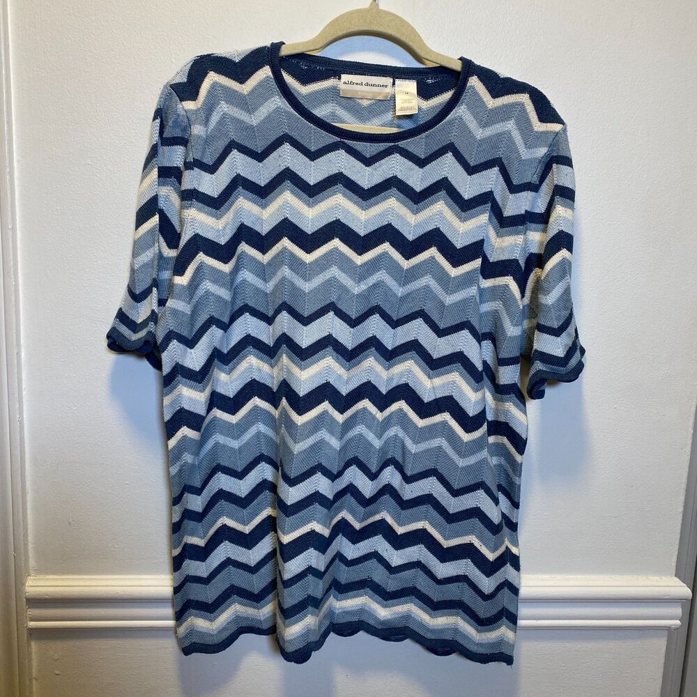 Chevron Knit Top 1X Alfred Dunner Blue White Pullover Stretch Shirt Retro Y2K